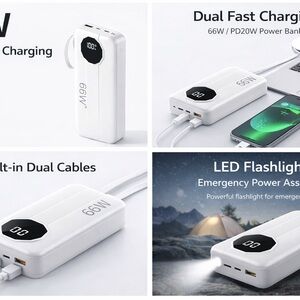 66W White Power Bank with LED Display & Built-in Cables
